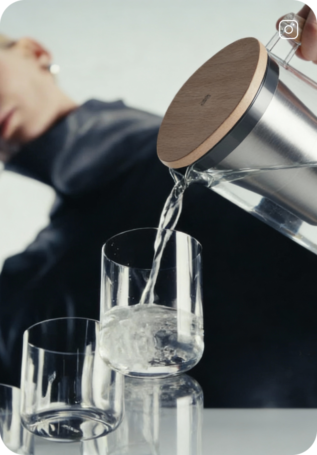 Pouring filtered water from the Duryn One pitcher into a glass